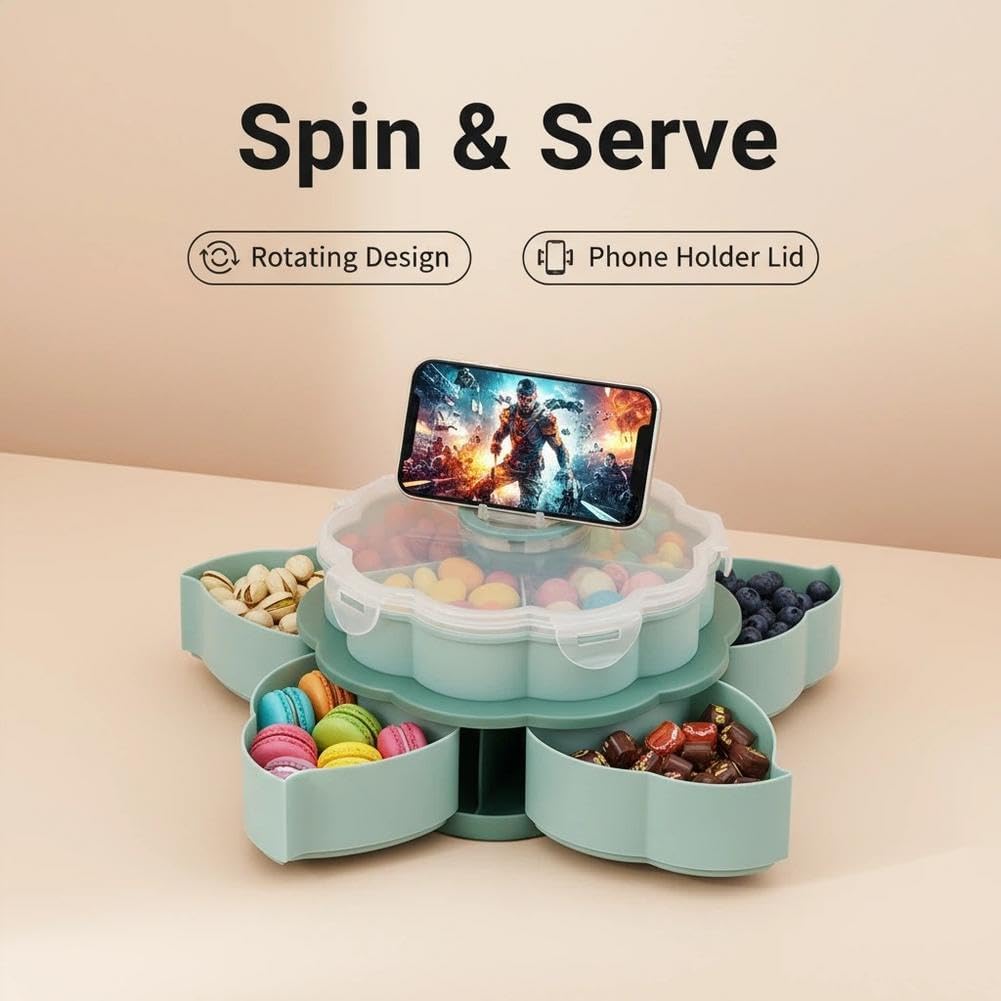 Divided Serving Tray that Spins, Snackle Box Container for Fruits Candy Organizer, Rotating Snack Box Container with Lid, Lazy Spinner Organizer Veggie Fruit Tray for Kitchen, Party and Picnic