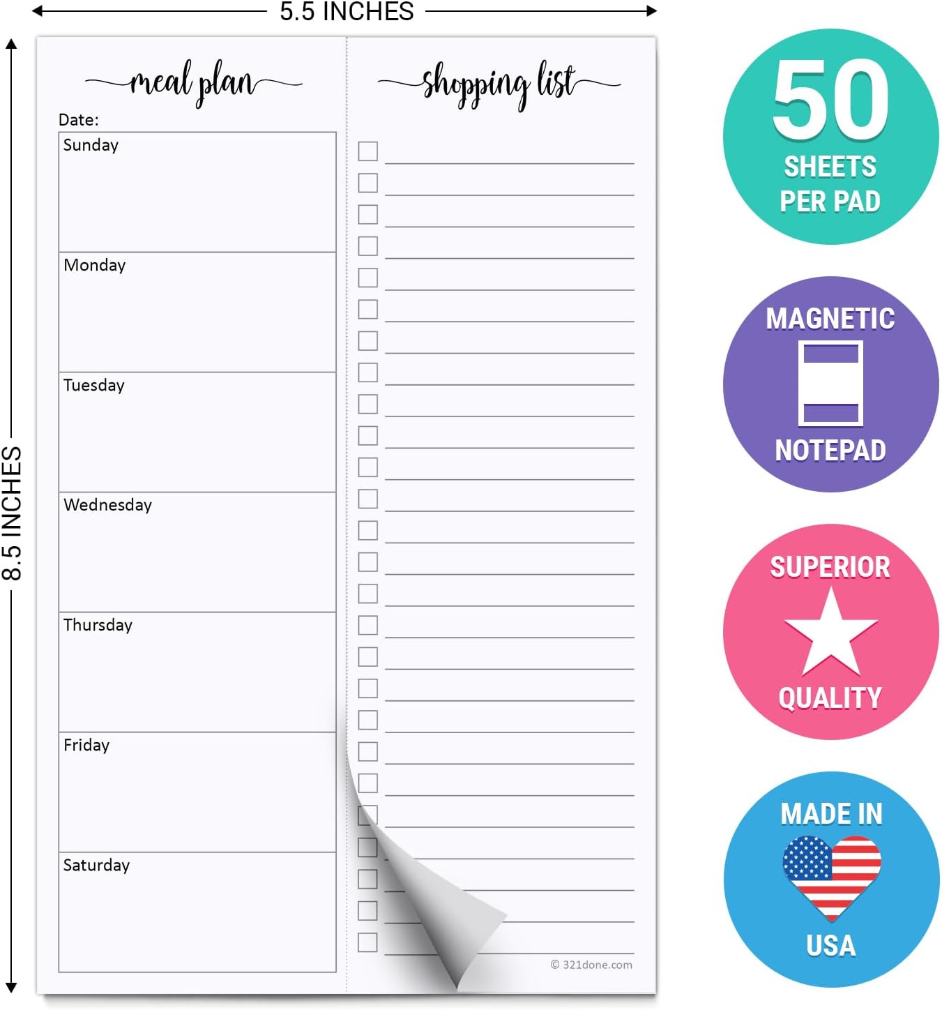 321done Magnetic Weekly Meal Plan Shopping Checklist Notepad - Tear-Off 50 Sheets, 5.5x8.5 - Undated, Sunday to Saturday To-Do List Planner, Schedule Weekly Desk Pad, Weekday Planning Notepad - Made in USA