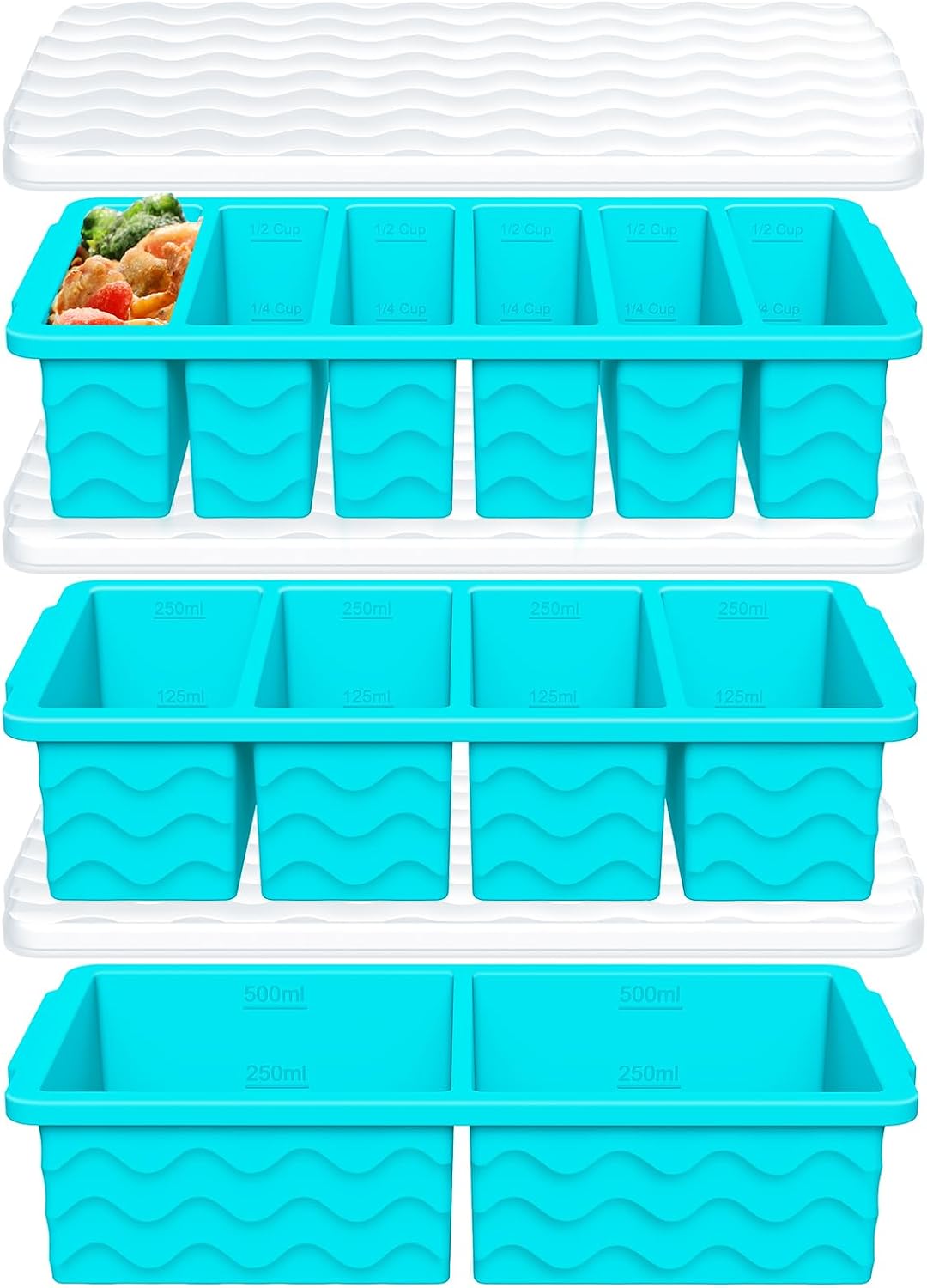 3-Pack Silicone Freezer Trays with Lid,2 Large 2-Cup(500ml)&4 Medium 1-Cup(250ml)&6 Small 1/2-Cup(125ml) Soup Freezer Container Molds,Ice Cube Tray For Meal Prep&Freezing Soup,Stews,Sauces