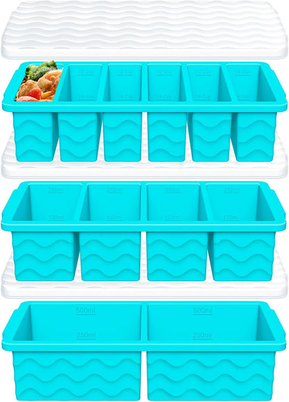 3-Pack Silicone Freezer Trays with Lid,2 Large 2-Cup(500ml)&4 Medium 1-Cup(250ml)&6 Small 1/2-Cup(125ml) Soup Freezer Container Molds,Ice Cube Tray For Meal Prep&Freezing Soup,Stews,Sauces