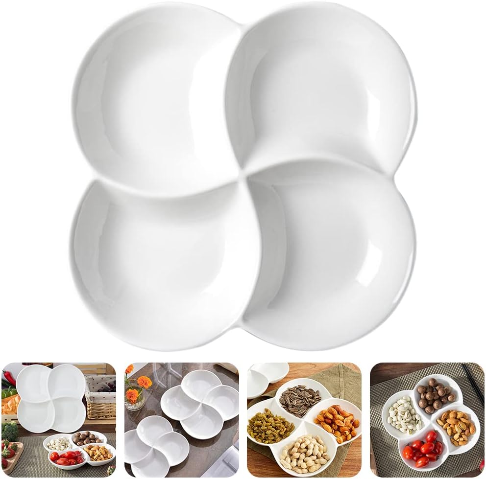 Cabilock 10.45 Inch Melamine 4-Compartment Fruit Plate Snack Tray Rotating Serving Dish White for Parties Kitchen Entertaining