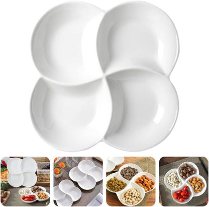 Cabilock 10.45 Inch Melamine 4-Compartment Fruit Plate Snack Tray Rotating Serving Dish White for Parties Kitchen Entertaining