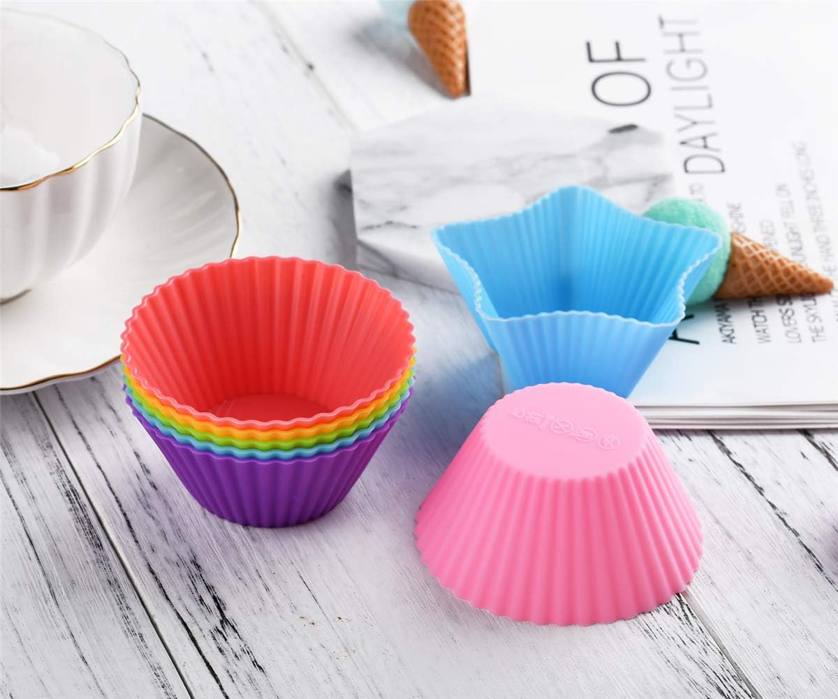Reusable and Non-stick Silicone Baking Cups/Muffin Cup Molds in Storage Container-24 Pack-6 Vibrant Colors-4 Shapes(Flower,Star,Heart,Round)