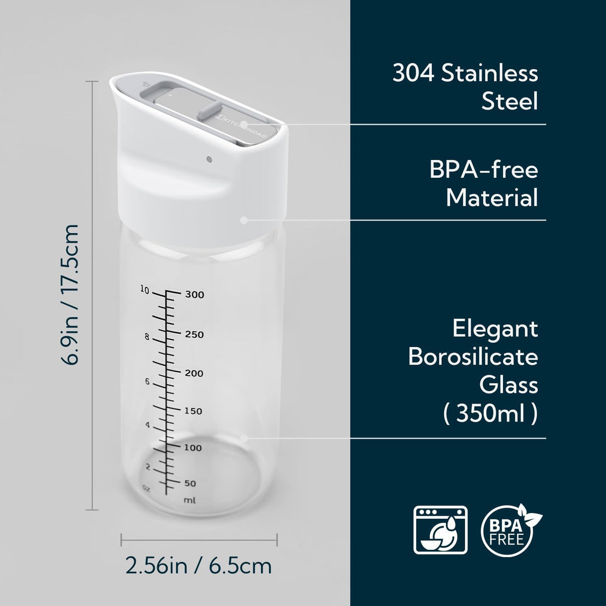 KITCHENDAO Glass Salad Dressing Shaker Bottle, 350ml, with Measuring Marks