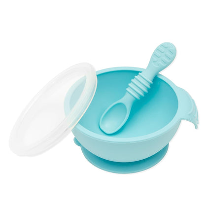 Bumkins Baby Bowl, Silicone Feeding Set with Suction for Baby and Toddler, Includes Spoon and Lid, First Feeding Set, Training Essentials for Baby Led Weaning for Babies 4 Months Up, Sage