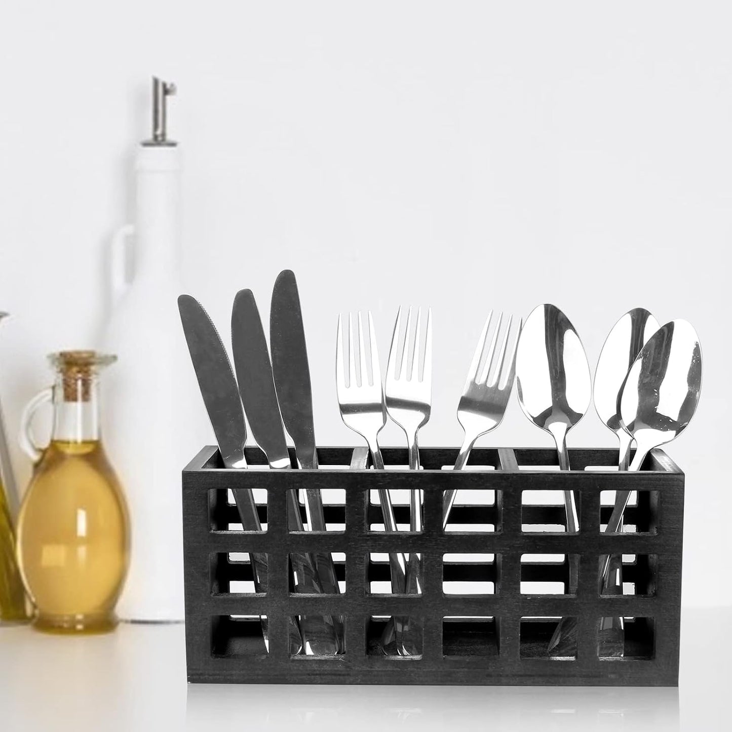 Farmhouse Wooden Silverware Utensil Caddy Cutlery Holder Small Acacia Wood Utensil Holders Organizer for Kitchen Count Party Fork Spoon Storage Organizer Table Silverware Holder Flatware Caddy Basket