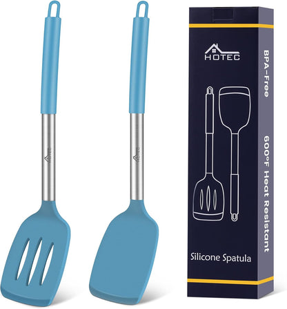 HOTEC Silicone Spatula Set of 2 Heat-Resistant 600°F & BPA-Free Kitchen SaptulaTurner with Stainless Steel Handles, Slotted & Solid Spatulas for Nonstick Cookware, 13.7 Inch, Classic Blue