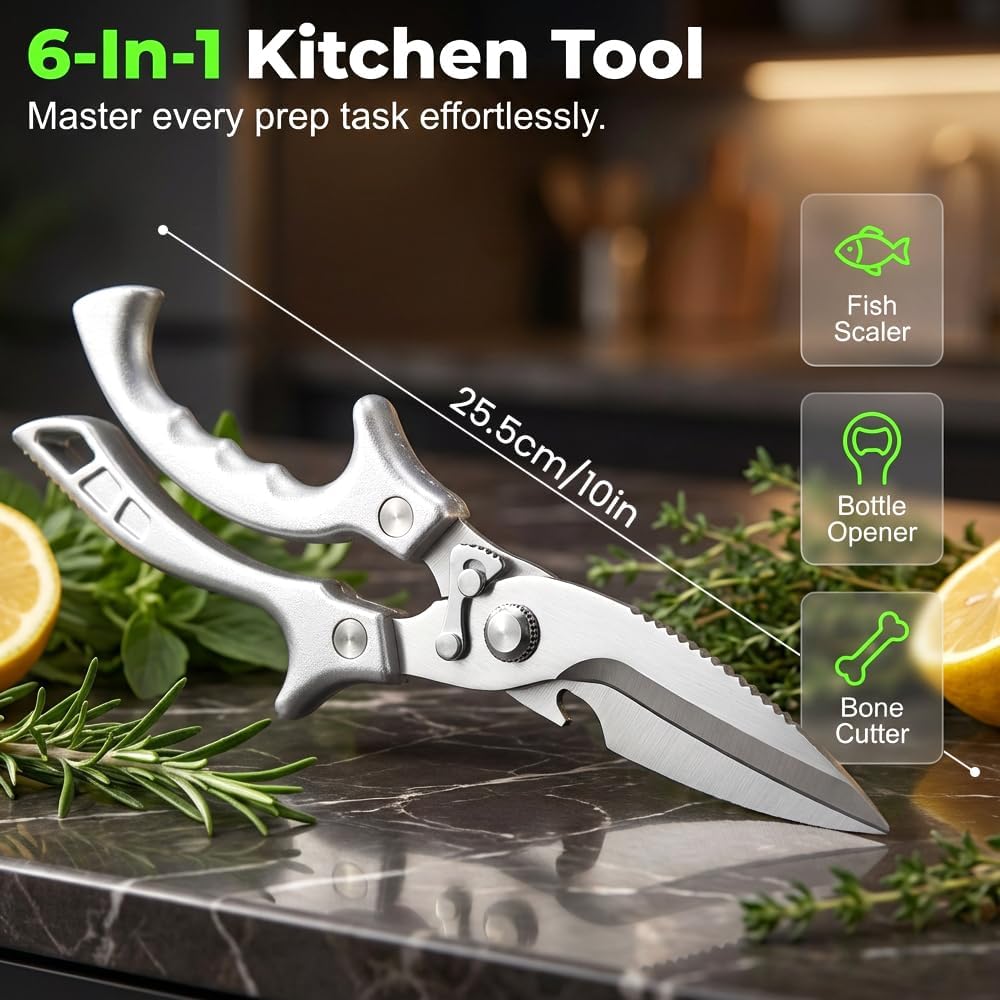 Multi-Purpose Kitchen Shears, 2026 Upgraded Heavy Duty Stainless Steel Kitchen Scissors, with Spring Loaded Handle, Stainless Steel Bone Cut Kitchen Scissors Poultry Shears (1)