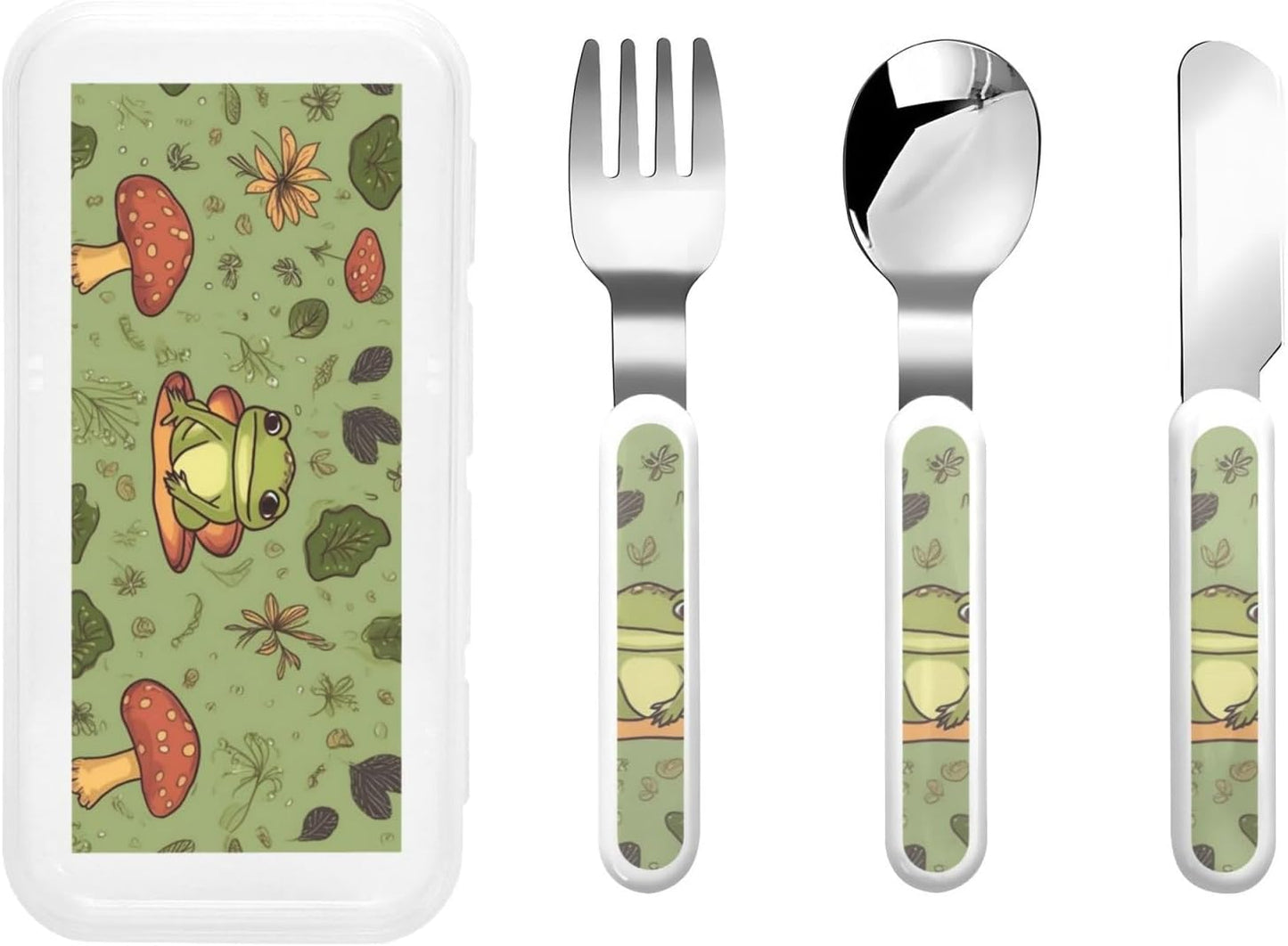 3-Piece Children Utensils Set Frogs and mushrooms Knife Spoon Fork Set Stainless Steel Silverware Set Easy-Grip Reusable Utensils Set Child Flatware Set with Case for Lunch Travel