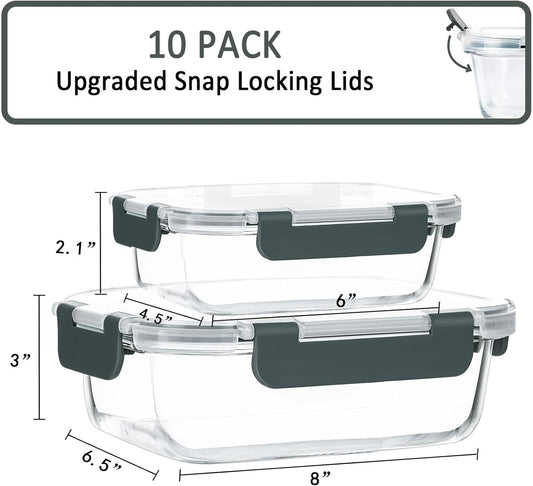 [10-Pack] Glass Meal Prep Containers with Lids, MCIRCO Food Storage Containers with Snap Locking Lids, Airtight Lunch Containers, Microwave, Oven, Freezer and Dishwasher