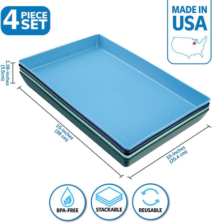 US Acrylic Coastal Plastic Serving Trays (Set of 4) 15” x 10” | Large Unbreakable Reusable Rectangular Party Platters | Serve Appetizers, Fruit, Veggies, & Desserts | BPA-Free & Made in USA