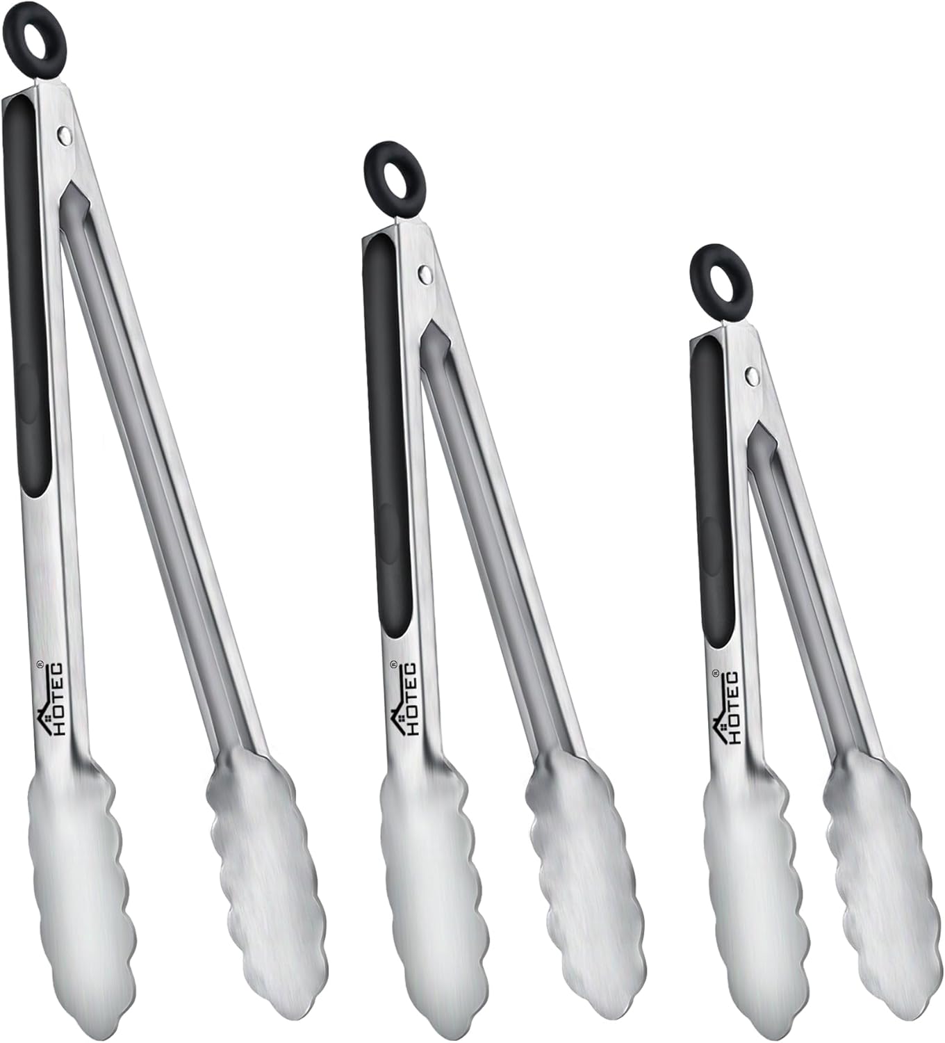 Hotec Stainless Steel Kitchen Tongs, Set of 3-7", 9" and 12", Locking Metal Food Tongs for Cooking, Serving, BBQ, Grill with Non-Slip Grip