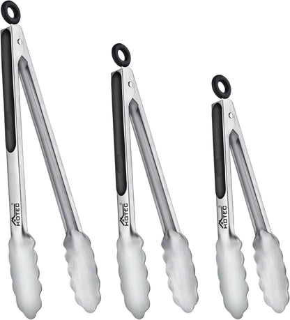 Hotec Stainless Steel Kitchen Tongs, Set of 3-7", 9" and 12", Locking Metal Food Tongs for Cooking, Serving, BBQ, Grill with Non-Slip Grip