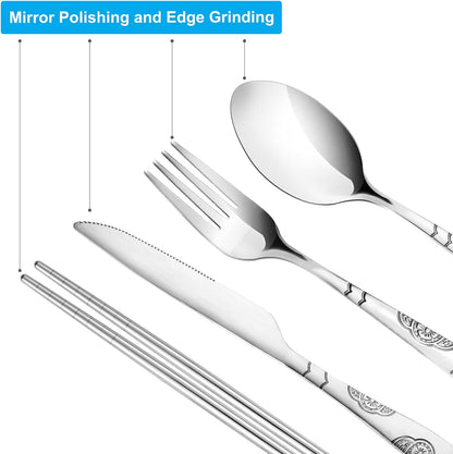 Portable Silverware Set with Case, Lengnoyp Travel Camping Utensils Set, Premium Stainless Steel Travel Cutlery Set