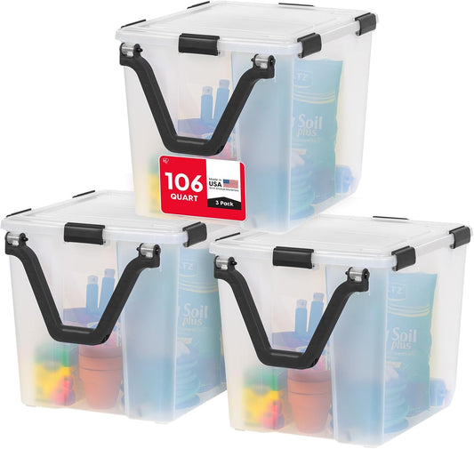 IRIS USA Storage Bins with Lids, WeatherPro Wheeled 106 Qt, Plastic, 3 Pack | Weather-tight gasket, wheels, and secure latches protect camping gear, tools, holiday décor, clothing, and documents.