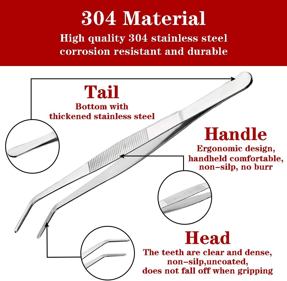 Kitchen Tweezers Stainless Steel 8 Inch Long Tweezers Tongs, Heavy Duty large food tweezers with Precision Serrated Tips for Cooking(8" Straight+Curved)