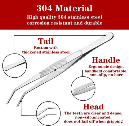 Kitchen Tweezers Stainless Steel 8 Inch Long Tweezers Tongs, Heavy Duty large food tweezers with Precision Serrated Tips for Cooking(8" Straight+Curved)
