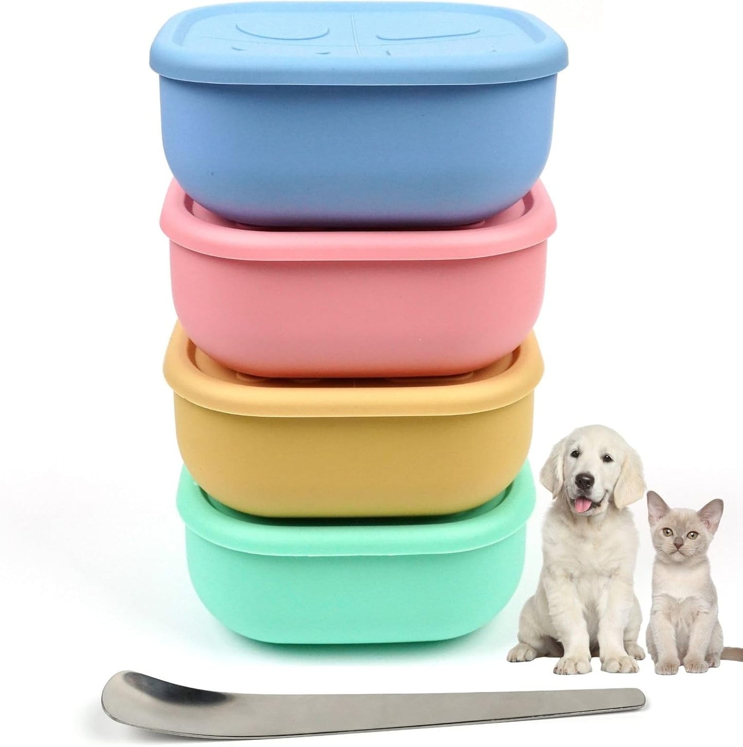 2ME Airtight Pet Wet Food Storage Containers with Lids (4-Pack, 12oz) - Silicone Meal Prep Kit for Dog & Cat Food - Freezer, Microwave & Dishwasher Safe - with Stainless Steel Scoop