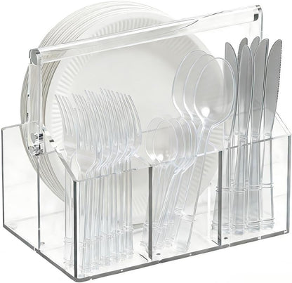 Chivalral Acrylic Utensil Holder & Paper Plate Holders -Clear Space-Saving Cutlery Caddy and Silverware Organizer for Kitchen, Table, Buffet, Party, Picnic, Camping Indoor Outdoor Use