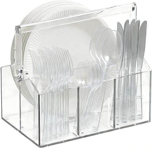 Chivalral Acrylic Utensil Holder & Paper Plate Holders -Clear Space-Saving Cutlery Caddy and Silverware Organizer for Kitchen, Table, Buffet, Party, Picnic, Camping Indoor Outdoor Use