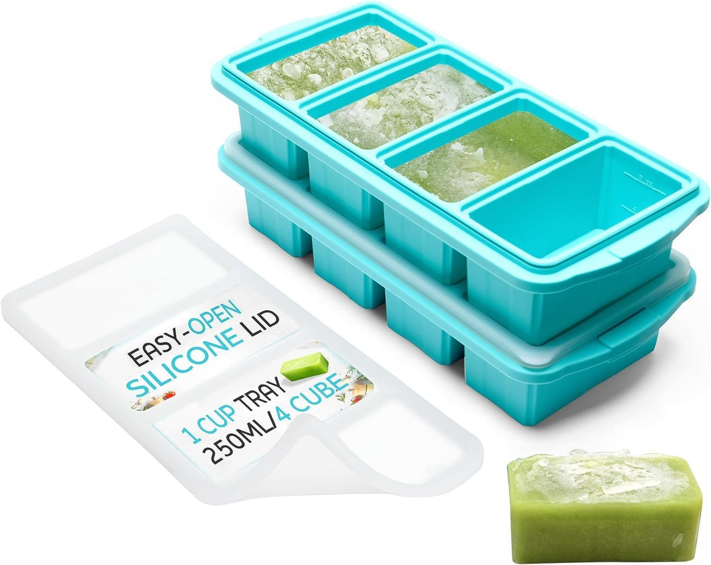 XOMOO Silicone Freezer Tray With Lid-Soup Freezer Container molds-2-cup Extra Large Ice Cube Tray-makes 4 perfect 500ml portions cubes, For freezing soup,stews,sauces.Oven&Dishwasher-Safe(2-Pack)