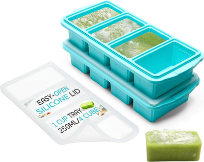XOMOO Silicone Freezer Tray With Lid-Soup Freezer Container molds-2-cup Extra Large Ice Cube Tray-makes 4 perfect 500ml portions cubes, For freezing soup,stews,sauces.Oven&Dishwasher-Safe(2-Pack)