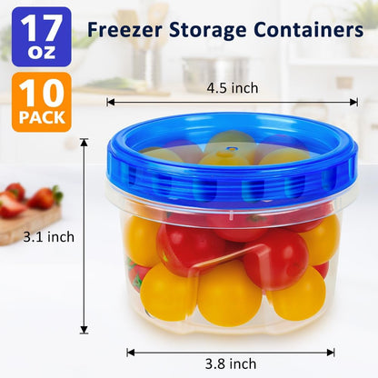 10 Pack 17oz Reusable Freezer Storage Containers with Twist Top Lids Airtight, Clear Plastic Food Storage Meal Prep Containers for Leftover Lunch Fruit Salad Snack, Small Soup Container Microwave Safe