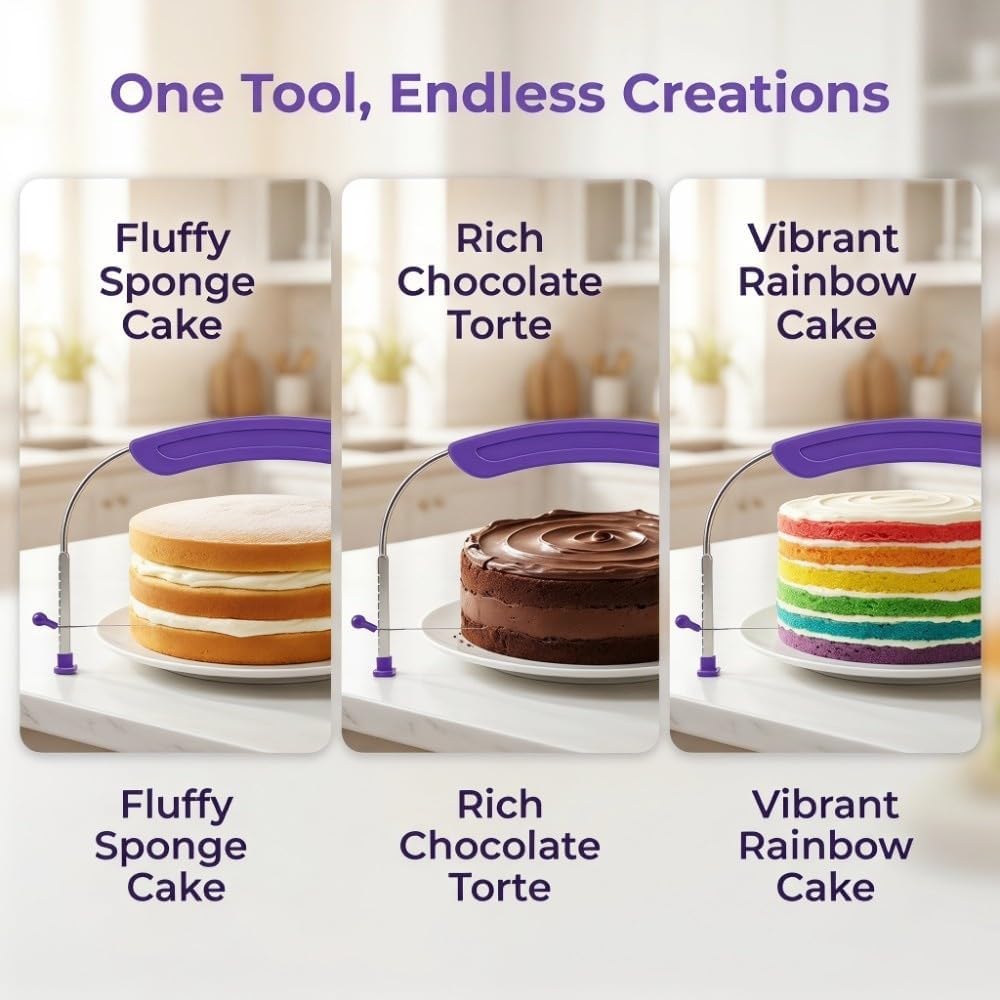 Adjustable Cake Leveler, Stainless Steel Wire Cake Cutter with Anti-Slip Purple PP Handle, Baking Layering Tool