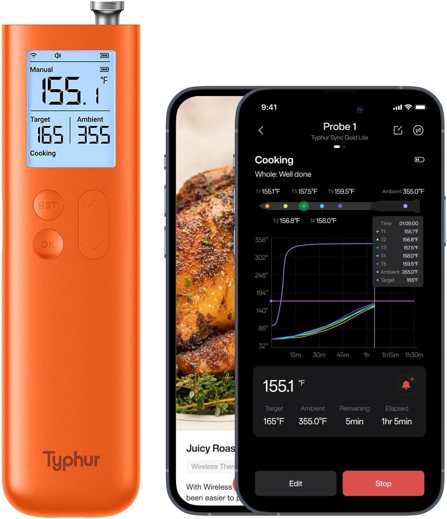 Typhur Sync Gold Gen2 Sub-1G Wireless Meat Thermometer with 6 Sensors & LCD