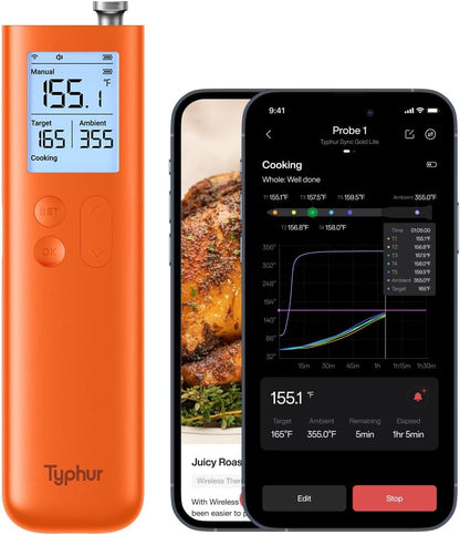 Typhur Sync Gold Gen2 Sub-1G Wireless Meat Thermometer with 6 Sensors & LCD