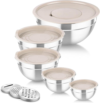 TeamFar Mixing Bowls with Airtight Lids, 5PCS Stainless Steel Metal Salad Bowl with 3 Grater Attachments, for Cooking, Prepping, Serving, Healthy & Easy Clean - 0.7/1/1.5/2.6/4.6QT, Black