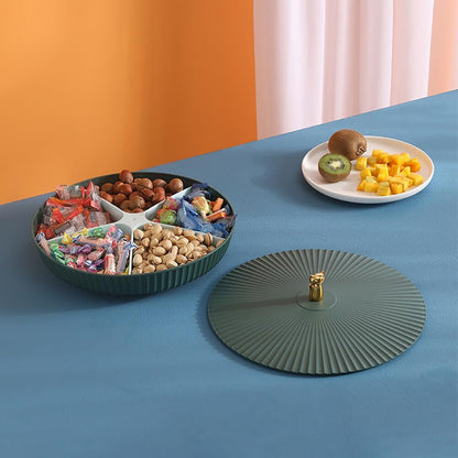 Surakey 12" Appetizer Tray Snack Serving Tray with Lid 5 Compartments 360 Degrees Rotatable Plastic Food Storage Organizer for Dried Fruits Nuts Candies Sweet Cookies (Blue)
