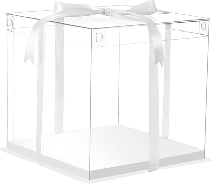 XININSUN 2Pcs Large Cake PET Clear Box, 10" X 10" X 9" with ribbon and pre-folded lid, for 8" cake packing carry, baking cookie display, Carry Tall Layer Gift, Festive Gift Box -White