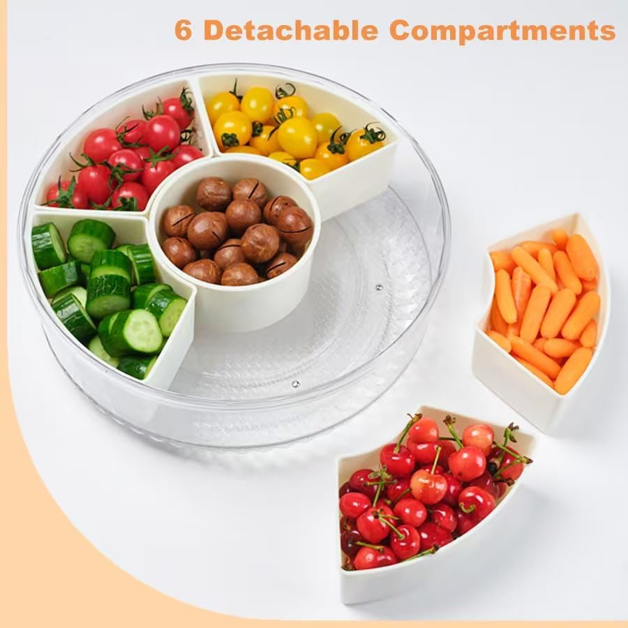 Rotating Divided Serving Tray with Lid and Handle,6 Compartments Snackle Box Container,12" Large Snack Spinner Lazy Susan,Fruit Veggie Tray Portable Round Snack Box Candy Fridge Organizer Platterbox