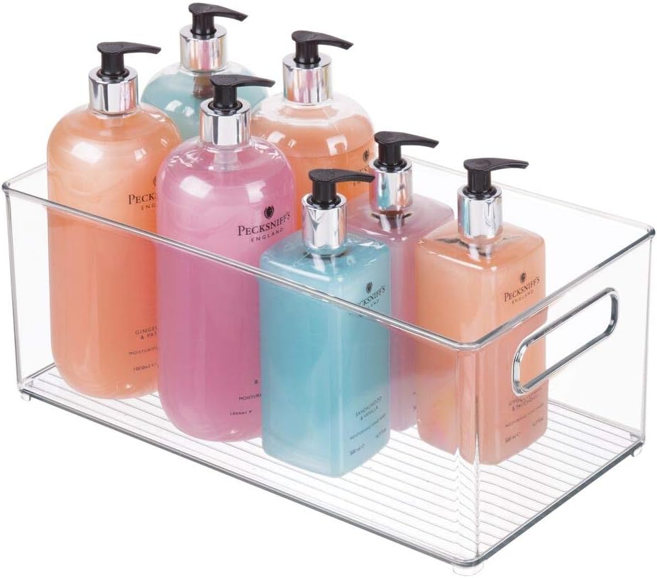 mDesign Plastic Bathroom Storage Container Bins w/ Handles - Closet, Cabinet, Vanity, Cupboard Shelf Organization, Hair Tools Accessory Organizer - Ligne Collection; Clear, ‎5x3.75x16 (Pack of 8)