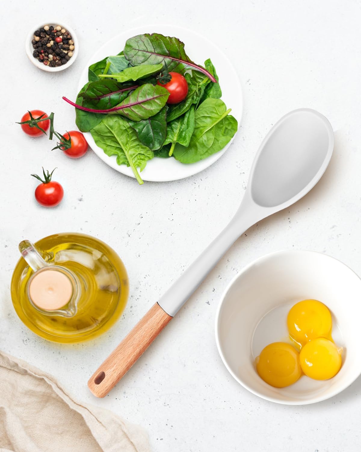 Large Silicone Cooking Spoons, Nonstick Solid Wooden Handle Spoon, Heat Resistan Silicone Kitchen Spoons for Cooking, Serving, Basting, Mixing, 13.2inch (Grey)
