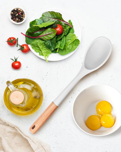 Large Silicone Cooking Spoons, Nonstick Solid Wooden Handle Spoon, Heat Resistan Silicone Kitchen Spoons for Cooking, Serving, Basting, Mixing, 13.2inch (Grey)