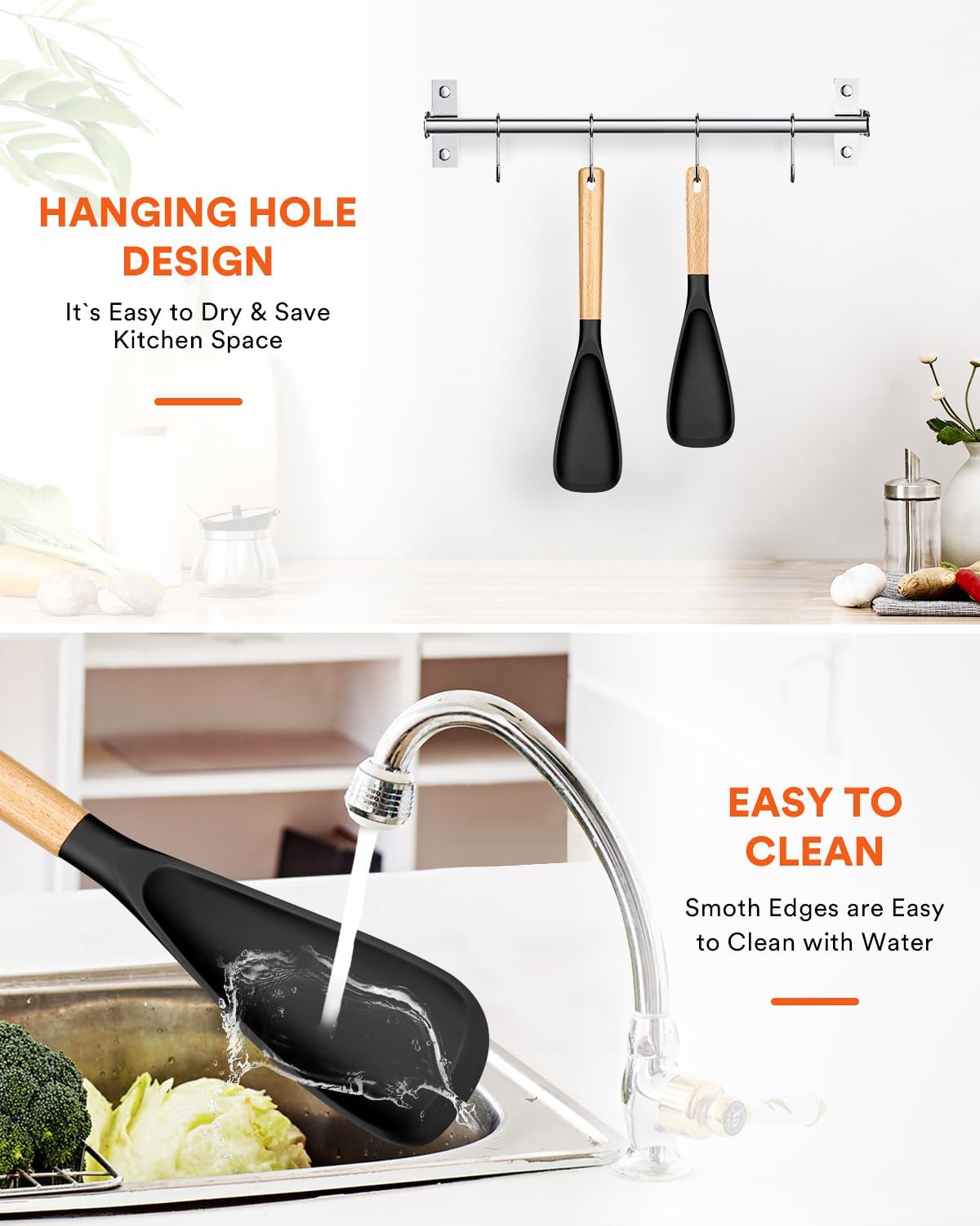 Badiano Multifunction Cooking Spoon for Nonstick Cookware,11.4"&13.4",Black