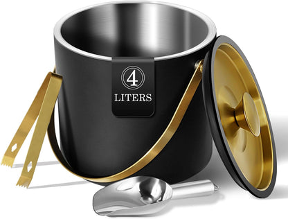 Bakpoco Insulated Ice Bucket with Silicone Lid, Scoop, Tongs & Strainer, 3L Stainless Steel Double Wall Ice Buckets for Parties & Cocktail Bar, Champagne Ice Bucket with Lid for Freezer, Ivory