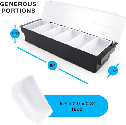 Cocktailor 6 Tray Bar Top Food & Garnish Station with Lid - Condiment Dispender for Bartending, Taco Bar, Ice Cream, Fruit, Salad Bar - Topping Organizer for Restaurant Supplies & Accessories