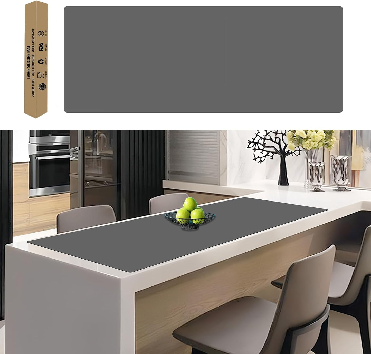 72''x16'' Extra Large Silicone Mat for Kitchen Counter, Heat Resistant Countertop Protector, Non-Slip Waterproof Kitchen Island Mat, Easy to Clean, Light Gray