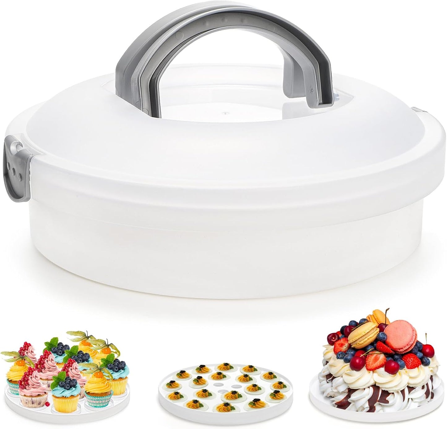 Lawei 12 Inch Round Dessert Carrier with Lid and Handle, 3-In-1 Portable Food Container for Pie, Cupcake, Cheesecake, Deviled Egg, Plastic Cake Transport Container Egg Holder for Picnics, Easter
