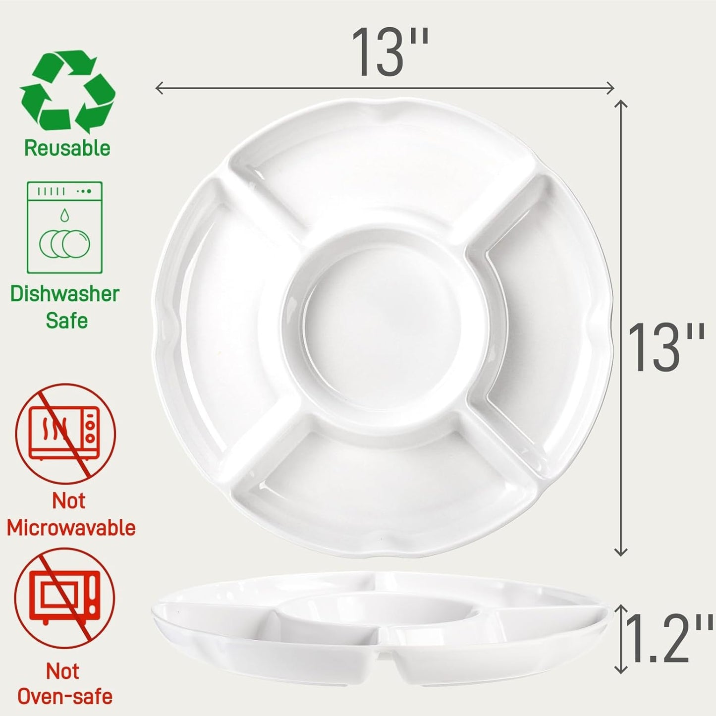 Pumtus 3 Pack Divided Serving Tray, 13 Inch Melamine Chip and Dip Platter, 5 Sectional Appetizer Veggie Plate, Party Snack Relish Tray for Serving Food, Nuts, Candy, Dried Fruit, Veggies
