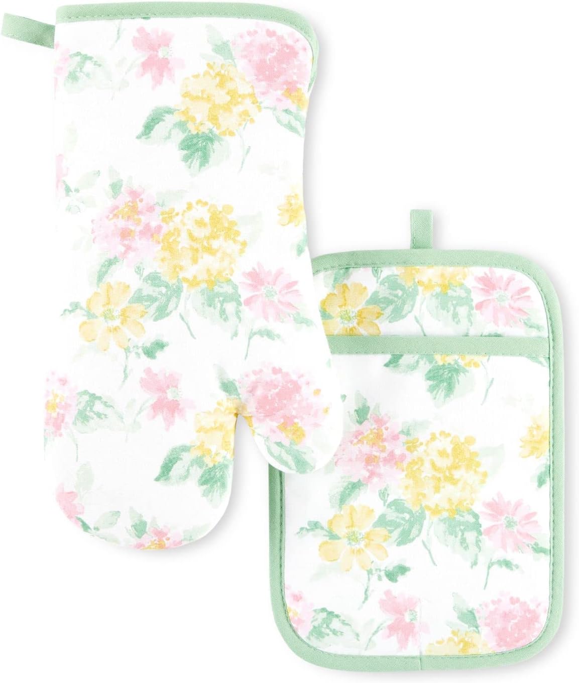 Martha Stewart Amber Floral Oven Mitt & Pot Holder Set 2-Pack, Blue/Green, OM: 7"x13" & PH: 7"x10"