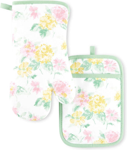 Martha Stewart Amber Floral Oven Mitt & Pot Holder Set 2-Pack, Blue/Green, OM: 7"x13" & PH: 7"x10"