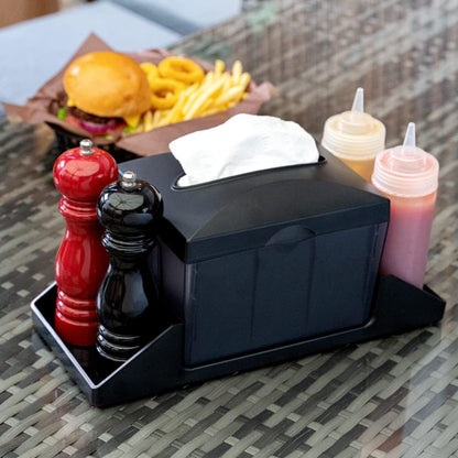 Restaurantware Bar Lux 7.9 Inch x 5.5 Inch Napkin Holder 1 3-Compartment Condiment Caddy - Rectangle Tabletop Black Plastic Napkin Caddy Refillable Easy Access