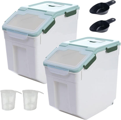 Large Flour Storage Container Bin 25lb, 2Pack Airtight Rice Storage Containers with Wheels Seal Locking Lid, BPA Free with Measuring Cup&Scoop for Flour, Rice, Grain(Green)