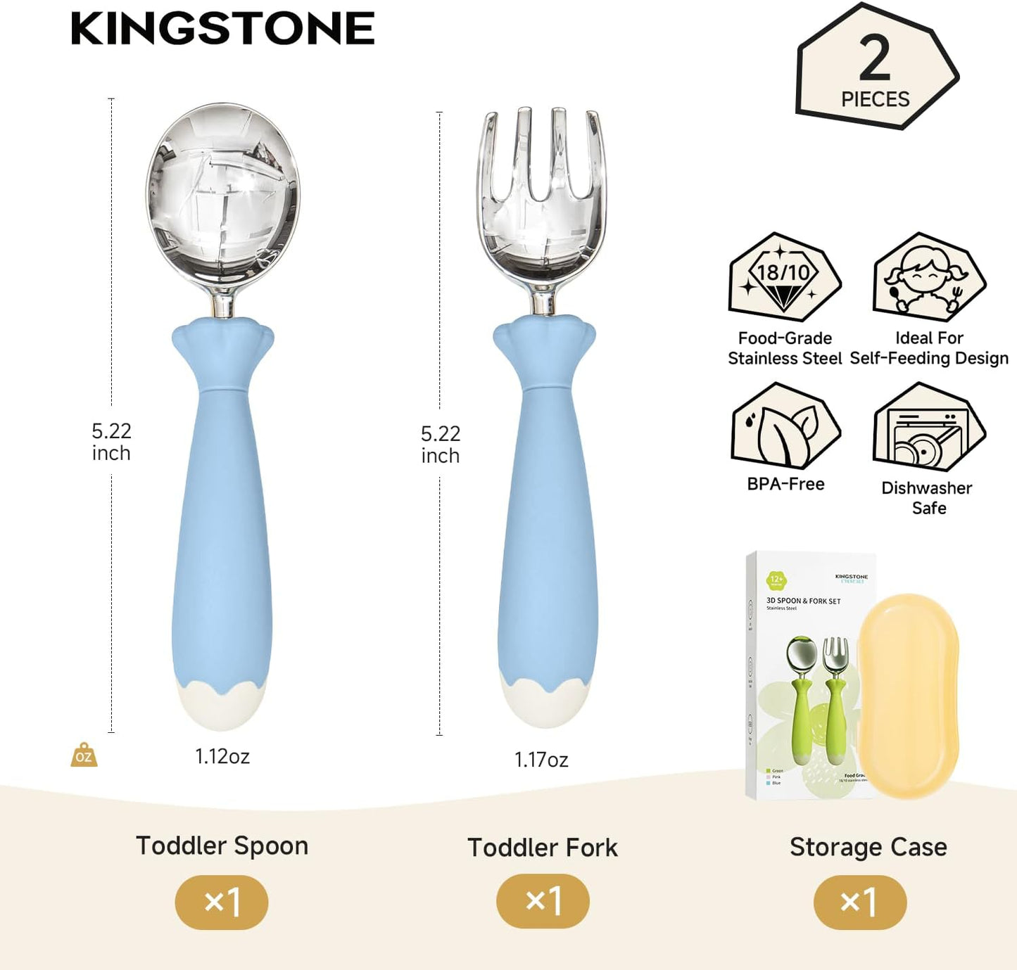 KINGSTONE Toddler Utensils with Case, Kids Silverware Set with Silicone Handles, 18/10 Stainless Steel Children Safe Forks and Spoons, Travel Carrying Cases BPA Free, Dishwasher Safe (blue)