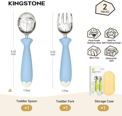 KINGSTONE Toddler Utensils with Case, Kids Silverware Set with Silicone Handles, 18/10 Stainless Steel Children Safe Forks and Spoons, Travel Carrying Cases BPA Free, Dishwasher Safe (blue)