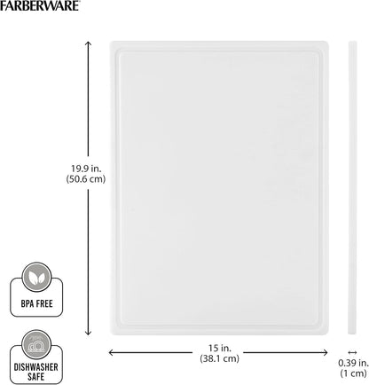 FARBERWARE Large Cutting Board, Dishwasher- Safe Plastic Chopping Board for Kitchen with Easy Grip Handle, 11in by 14in, White